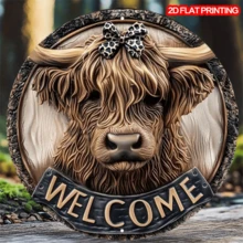 Cartel de bienvenida de vaca de las tierras altas 2D - Colgador de puerta resistente al agua, decoración de estilo rústico con impresión HD, 8x8 pulgadas, con agujeros perforados previamente para colgar en la pared, posición aleatoria de los agujeros - Multicolor - Ver 2