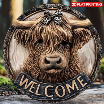 2D Highland Cow Welcome Sign - Waterproof Door Hanger, Farmhouse Style Decor With HD Printing, 8x8 Inch, Pre-Drilled For Wall Hanging, Random Hole Position