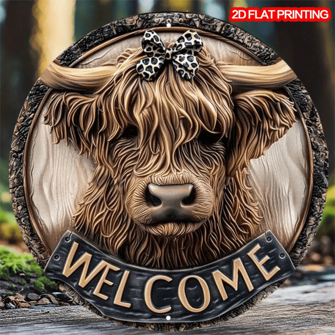 Cartel de bienvenida de vaca de las tierras altas 2D - Colgador de puerta resistente al agua, decoración de estilo rústico con impresión HD, 8x8 pulgadas, con agujeros perforados previamente para colgar en la pared, posición aleatoria de los agujeros