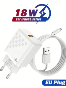 Eu Plug 18W Fast Charging Data Cable, Fast Charger Adapter, Compatible With Full Series, 18W Charging Adapter + 3.3ft USB To Lightning, 18W USB Charger, EU Plug Power Adapter Wall Charger, Compatible With IPhone 14, 13, 12, 11 Pro Max EU Plug Charger ,Christmas Gift/ Gift For Family