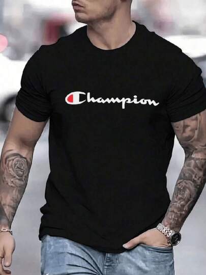 Ropa De Hombre Playeras De Hombre Camiseta Champion Negra Hombre, 1 Unidad De 100% Algodón Puro, Deportivo Con Estampado Digital De 220 Gramos, Estilo Casual Camisa De Hombre Con Cuello Redondo Y Mangas Cortas Para Tiempo Libre