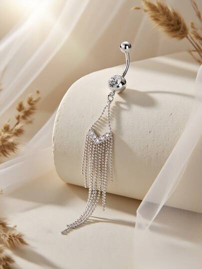 1pc Fashionable Sexy Long Tassel Zirconia Navel Ring, Body Piercing Jewelry For Women, Party Accessory