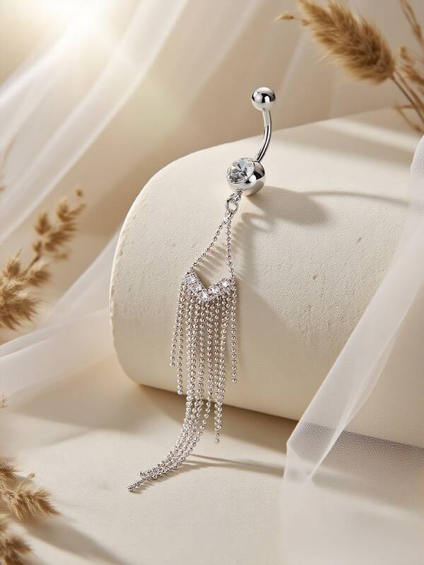 1pc Fashionable Sexy Long Tassel Zirconia Navel Ring, Body Piercing Jewelry For Women, Party Accessory