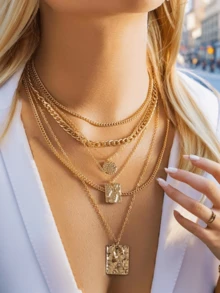 GARMEND 独特的金属链多层项链，别致的蛇皮几何吊坠项链，适合女士 - B - 查看 2