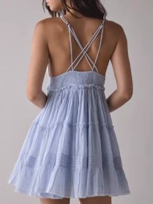 Women Lace Trim Mini Cami Dress Spaghetti Strap Square Neck Short Dress Boho Loose Flowy Backless Babydoll Dresses - 藍色 - 查看 2