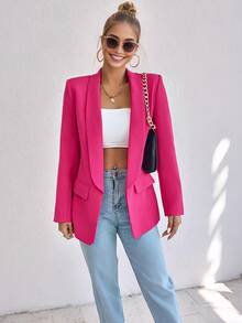 Open Front Blazer Jacket For Women,Long Sleeve Business Casual Jacket,Notched Lapel And Pocket Details,Feminine Pink Jacket For Workwear,Business,Casual,Daily - 玫紅色 - 查看 2