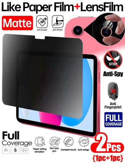 1pc Privacy Matte Screen Protector Film, Includes 1pc Camera Lens Protector, Compatible With 11/10/9/8/7/6/5 Series, 10.9"/10.2"/9.7", Air7/Air6/Air5/Air4/Air3/Air2/Air1, Pro 9.7"/Pro 10.5", PET Material Screen Protector, Essential For Tablet Screen Protection, Suitable For Daily, Office, Home Use, Waterproof, Shockproof, Anti-Scratch