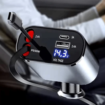 Carregador de carro retrátil, carregador de telefone rápido 4 em 1 de 100 W com 2 cabos retráteis e carregador de carro com visor de tensão de porta tipo C, compatível com iPhone 15Pro
