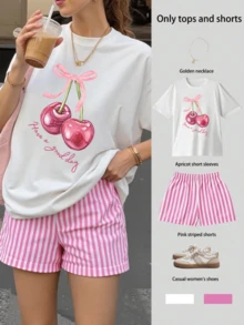 2 pcs Set de 2 piezas de mujer con blusa de manga corta con estampado cerezas lazo moño de verano y shorts elásticos de cintura a rayas - Blanco - Ver 1