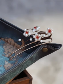 1件韩式优雅装饰发饰，白色仿珍珠梅花金属发夹，长16厘米，不褪色，时尚精致，适合女性和女孩日常佩戴，可用于装饰头发。可伸缩大号U型发夹，女性和女孩发饰，可爱侧梳，发髻延长器，发髻造型器，发髻垫，发夹，发卡，头饰，发型发饰 - 彩色 - 查看 3