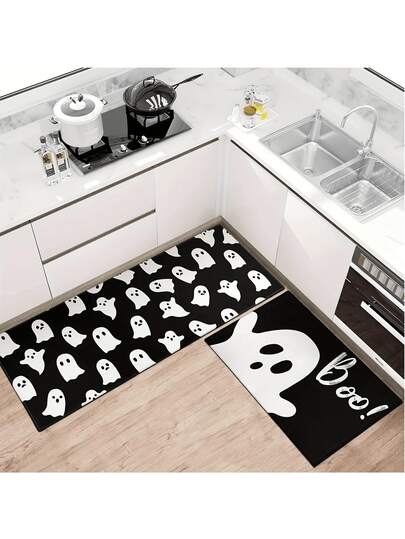 1pc Halloween Black And White Ghost Print Rubber Backed Soft Diatomaceous Earth Mat, Boo Halloween Happy Floor Mat, Kitchen Mat, Bathroom Mat, Multi-Scenario Universal Mat, Kitchen Decor, Wedding Decor, Party Decor, Home Decor, Restaurant Decor