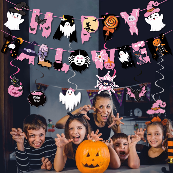 Decorações para festas de Halloween, suprimentos para festas de Halloween de terror em ambientes internos, incluindo faixa de Feliz Dia das Bruxas, bandeirinhas fofas de Halloween, inserções para bolo, pingentes em espiral, adequados para celebrações de Halloween, decorações de parede, atividades ao ar livre, atividades em família, para decoração de festas em casa mal-assombrada, casa ou escritório, decorações de Halloween, decoração de Halloween, fantasma, abóbora, decoração de festa