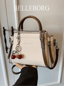 BELLEBORG Lychee Texture Zipper Decor Women Handbag With Pendant - Beige - View 2