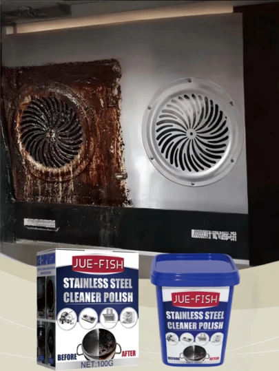 JUE FISH 100g Stainless Steel Cleaning Paste - Removes Stains, Rust, Polishes And Brightens, Degreases, Fingerprint Remover, Stainless Steel Cleaner Spray, Stainless Steel Care, Removes Water Stains And Grease, Anti-Oxidation, Anti-Rust Protection, No Scratches, No Streaks, Long-Lasting Shine, Effectively Dissolves Stubborn Black Grime On Pots And Pans, Keeps Kitchen Utensils Clean And Shiny Like New, Suitable For Kitchen, Appliances, Stainless Steel Sinks, Grills, Bathrooms