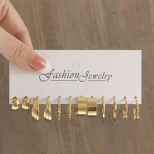 48-12 件复古朋克金属纹理环形耳环套装，简约几何方形、扭曲、条纹和光滑 C 形设计耳环，仿珍珠环，适合女性日常、派对、宴会、休闲珠宝搭配 - 金色 - 查看 8