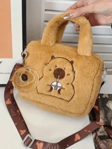 一套（手提袋+零钱包）棕色毛绒海豚斜挎包，可爱动物图案，休闲旅行必备，柔软毛绒面料，海豚耳机零钱包，卡通毛绒零钱包，钥匙扣，小物件收纳包，母亲节礼物，返校季礼物，妇女节礼物，节日礼物 - 彩色 - 查看 3