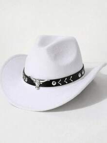 1 件男女通用经典西部牛仔帽，带有银色公牛形状饰边，适合日常休闲穿着、西部牛仔派对、酒吧牛仔 - 黑箭頭牛帽 - 查看 12