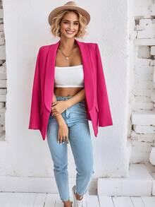 Open Front Blazer Jacket For Women,Long Sleeve Business Casual Jacket,Notched Lapel And Pocket Details,Feminine Pink Jacket For Workwear,Business,Casual,Daily - 玫紅色 - 查看 1