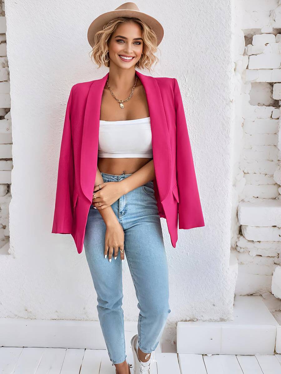 Open Front Blazer Jacket For Women,Long Sleeve Business Casual Jacket,Notched Lapel And Pocket Details,Feminine Pink Jacket For Workwear,Business,Casual,Daily - 玫紅色 - 查看 1