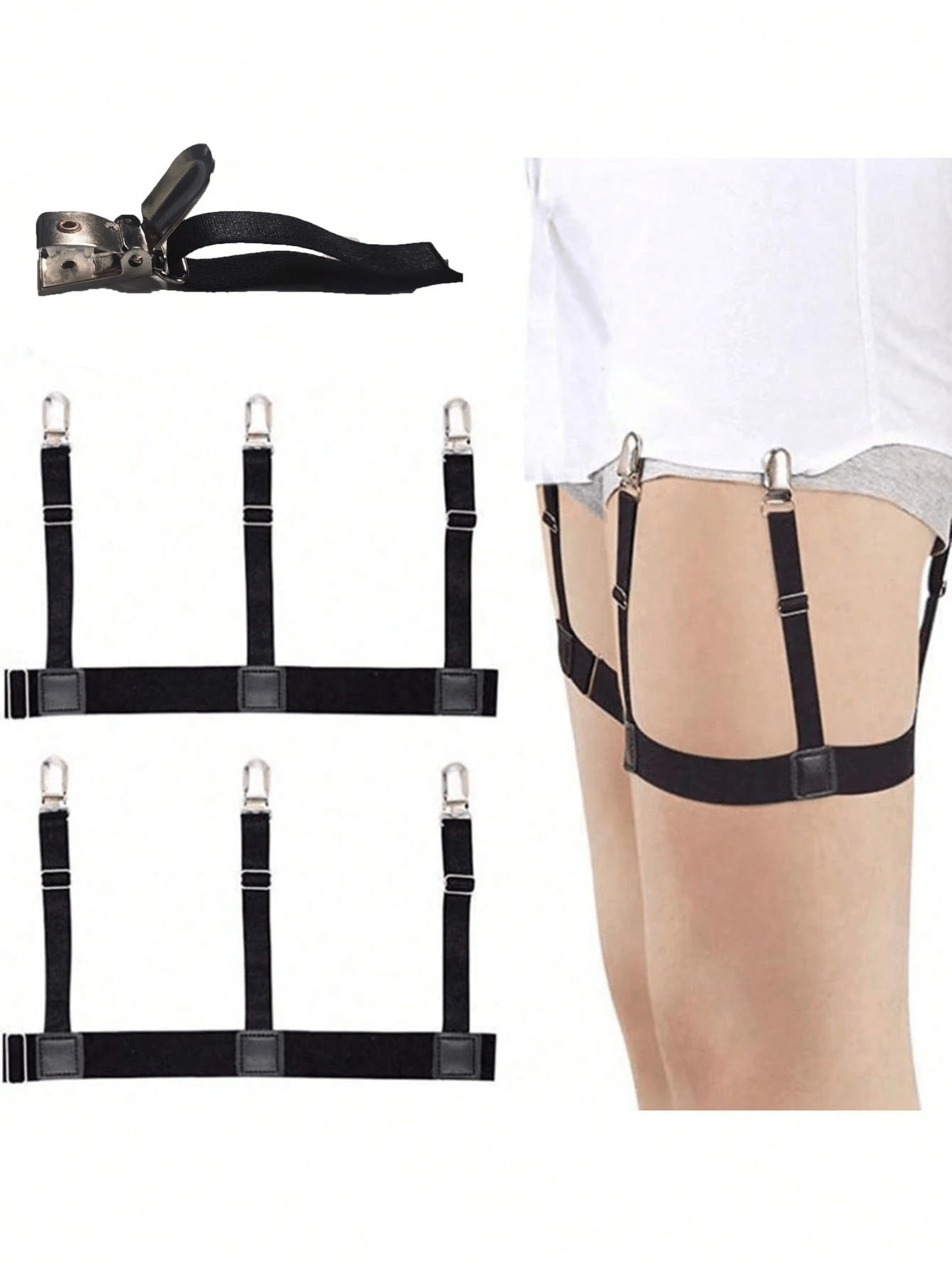 1 Pair Men's Shirt Stays Black, Adjustable Elastic Shirt Garters Shirt Holders Strap Belt With Upgrade Non-Slip Locking Clamps, Keep Shirt Tucked In