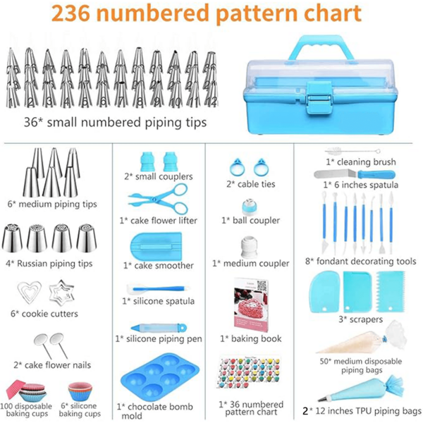236 PCS Cake Decorating Tools Supplies Kit, Baking Accessories With Storage Case - Piping Bags And Icing Tips Set - Cupcake Cookie Frosting Fondant Bakery Set For Adults Beginners Or Professional, Blue