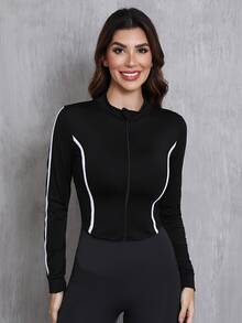 女式黑色时尚立领长袖拉链修身针织夹克 - 黑色 - 查看 1