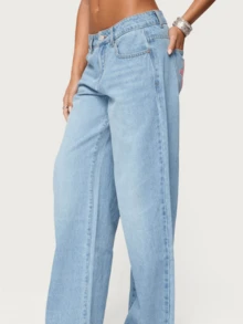 Women's Denim Pants Y2K Jeans Retro Embroidered Pattern Printed Loose Casual Jeans Straight Leg Pants - 霧霾藍 - 查看 3