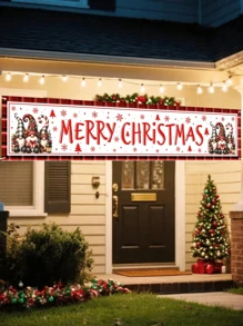 1 pieza de 35*180cm, 500 piezas Bandera horizontal navideña 2D, con diseño de árbol de Navidad con copos de nieve y gnomos de dibujos animados, de poliéster para decorar vallas, jardines y paredes, suministros para fiestas navideñas interiores y exteriores