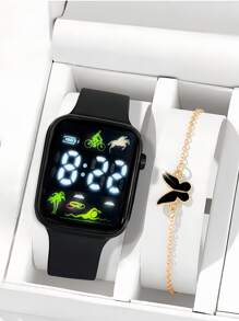 2 件/套 1 件卡通心形方形电子手表和 1 条蝴蝶手链情人节礼物圣诞礼物毕业礼物情侣礼物情侣手表手链万圣节、圣诞节、情人节、母亲节、节日礼物的最佳选择