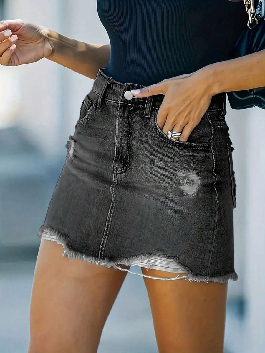 Falda lápiz ajustada de jeans para mujer - Falda ajustado de cintura media elástica con dobladillo deshilachado y detalle de botón, falda de mezclilla de moda casual - Gris - Ver 1