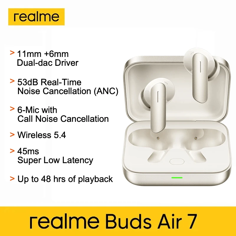 Realme Buds Air 7 真無線耳機,12.4mm 超大鈦金屬低音驅動單體,52dB 智慧主動降噪,Hi-Res 與 LHDC 5.0 音訊,最高 52 小時續航,360° 空間音效 - 金色 - 查看 1