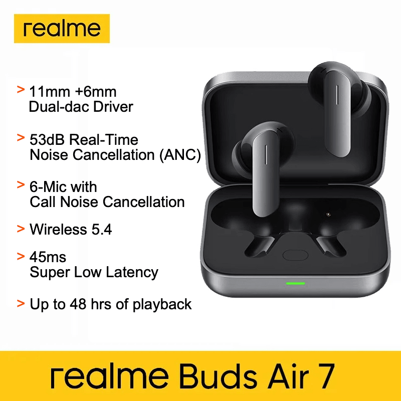 Realme Buds Air 7 真无线耳机，12.4mm 超强钛金属低音驱动单元，52dB 智能主动降噪，Hi-Res 高解析度音频和 LHDC 5.0 音频，长达 52 小时续航，360° 环绕音效，圣诞礼物/赠品