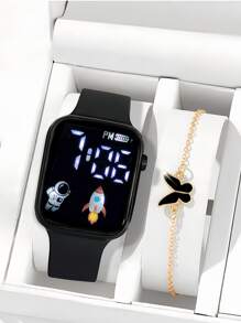 2 件/套 1 件卡通心形方形电子手表和 1 条蝴蝶手链情人节礼物圣诞礼物毕业礼物情侣礼物情侣手表手链万圣节、圣诞节、情人节、母亲节、节日礼物的最佳选择