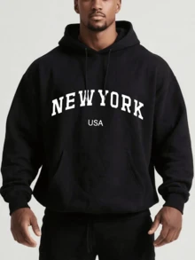 Men's Sweatshirt Long Sleeve Letter Print Fashionable Loose Style Casual Sweatshirt NEW YORK Letter Graphic Casual Sweatshirt, For Going Out, For Husband, Black Sweatshirt, NEW YORK Sweatshirt - Black - View 1