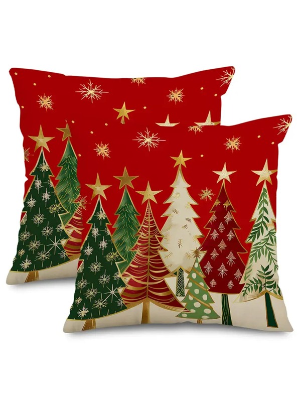 1/2/4pcs Soft Christmas Tree Decorative Throw Pillow Covers - Red & Green Farmhouse Holiday Decor With Golden Stars & Pine Tree Patterns, Zipper Closure, Machine Washable Polyester Cushion Covers For Sofa, Bedroom, Living Room - Contemporary Modern Xmas Decorations (No Inserts)