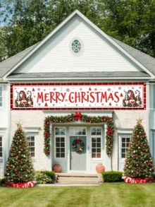 1 pieza de 35*180cm, 500 piezas Bandera horizontal navideña 2D, con diseño de árbol de Navidad con copos de nieve y gnomos de dibujos animados, de poliéster para decorar vallas, jardines y paredes, suministros para fiestas navideñas interiores y exteriores