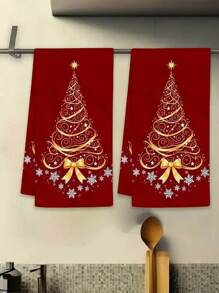 1/2Pcs Festive Christmas Kitchen Towels, 15.7x23.6in - Red With Golden Snowflake & Pine Tree Design, Soft Polyester Dish Towels For Cooking, Baking, And Holiday Decor, Perfect For Kitchen Or Bathroom Use, Hand Wash Only, Christmas Kitchen Decor