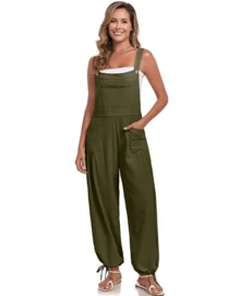 GS SNOWING Womens Wide Leg Overalls Loose Beach Vacation Outfits Jumpsuits 2025 Causal Sleeveless Rompers With Pockets - 軍綠色 - 查看 4