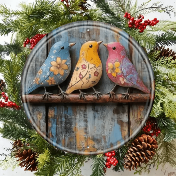 1pc 8x8 Inch Vintage Style Colorful Bird Wreath Metal Wall Decor - Round Metal Decoration, Distressed Finish With Blue, Yellow And Pink Birds Perched On Branches, Suitable For Home, Hotel, Cafe, B&B Decor | Retro Wall Sticker | Vibrant Colors