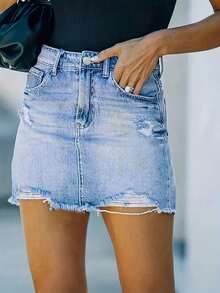 Spring/Summer | Women's Sexy Denim Skirt, Button With Zipper Closure Design, Hole Creativity, Inelastic Fabric, Suitable For Travel And Party Occasions. - Rửa nhẹ - Xem 2