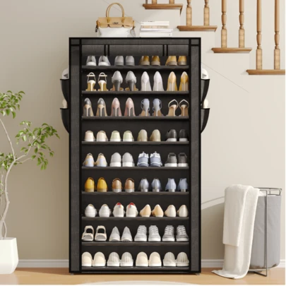 Tomnk Zapatero de 10 niveles, fácil de montar, organizador multifuncional para más de 50 pares de zapatos, estante alto antipolvo para zapatos, bolsos y accesorios en la entrada, el armario y el dormitorio | Gris/Negro, ahorra espacio