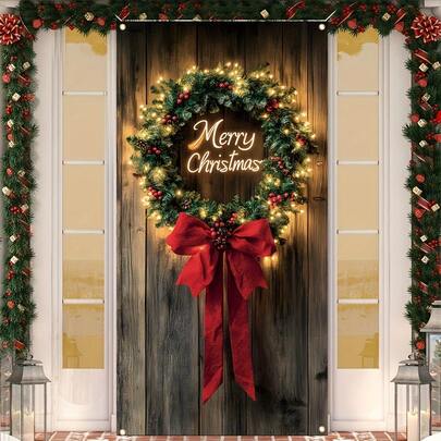 1 件节日圣诞门横幅 - 涤纶、浆果和灯光花环设计，新年快乐欢迎标志，适合冬季农舍装饰