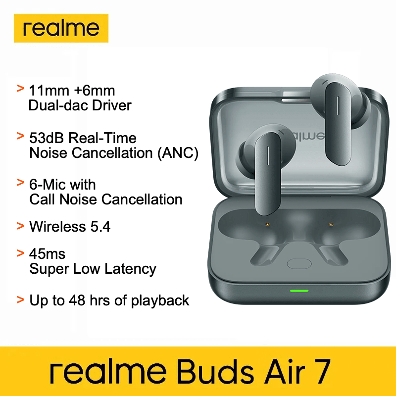 Realme Auriculares inalámbricos Buds Air 7, controlador de graves de titanio mega de 12,4 mm, ANC inteligente de 52 dB, audio Hi-Res y LHDC 5.0, autonomía de hasta 52 horas, sonido espacial de 360°, regalos/presentes de Navidad