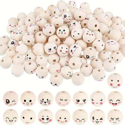 10pcs,50pcs,150pcs Assorted Joyful Face Wooden Beads, 20mm - Ideal For DIY Jewelry, Bracelets, Necklaces & Crafting Decorations, Variety Of Cute Expressions, Decorative Beads|Facial Expression Beads|Durable Wood, Beads For Jewelry Making