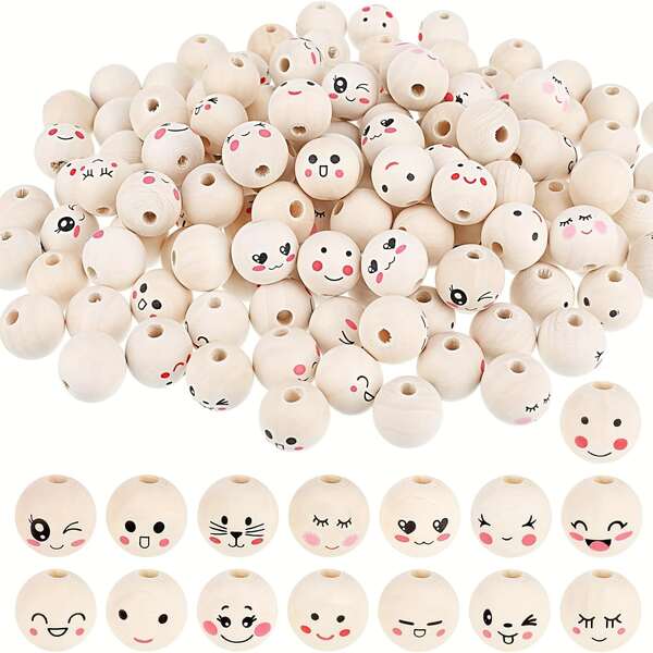 10pcs,50pcs,150pcs Assorted Joyful Face Wooden Beads, 20mm - Ideal For DIY Jewelry, Bracelets, Necklaces & Crafting Decorations, Variety Of Cute Expressions, Decorative Beads|Facial Expression Beads|Durable Wood, Beads For Jewelry Making
