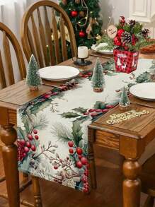 1 pieza, Camino de mesa de Navidad con bayas de acebo, de poliéster, rectangular, ropa de mesa navideña, diseño de bayas rojas y hojas verdes, hecho a máquina, para celebración de Navidad y Año Nuevo, decoración del hogar, cocina y fiesta (33x90/120/160/183/200 cm)