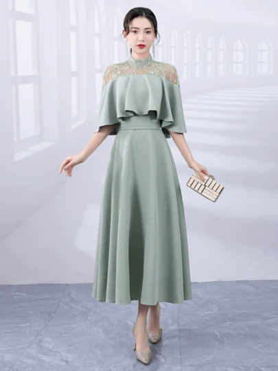 レディース パーティードレス 花嫁 結婚式ドレス お呼ばれ ミモレ丈 フリル袖 ハイネック エレガント レース お花嫁さん 体型カバー ボレロ型