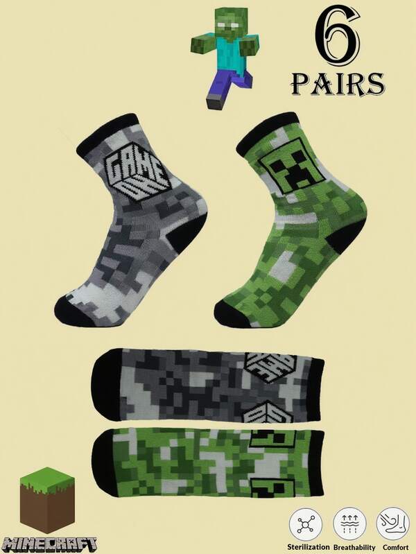  Minecraft 6/4/2/1 Pair Men's Socks - Green And Gray Men's Mid-Calf Socks, Anti-Odor And Breathable Sports Socks, Teen Boys' Long Socks, With Zombie And Creeper Patterns, Suitable For Birthday Gifts, Party And Gathering Presents, Festival Socks, Fall
