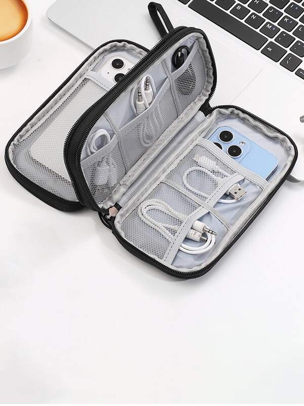 Bolsa de almacenamiento de cable de doble capa portátil y exclusiva para viajes transfronterizos, el mejor vendedor, power bank de viaje mini, organizador de cables, accesorios de carga, esenciales de viaje para actividades al aire libre