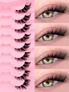 9 Pairs Half-Strip False Eyelashes, Cat Eye Natural Makeup Effect, Transparent Stem, Cartoon Style, Natural Transparent Stem, Short Accent Lashes, Winged Lashes, 3/4 Lashes, Reusable Eyelash Set - Cat Eye Lashes - View 9